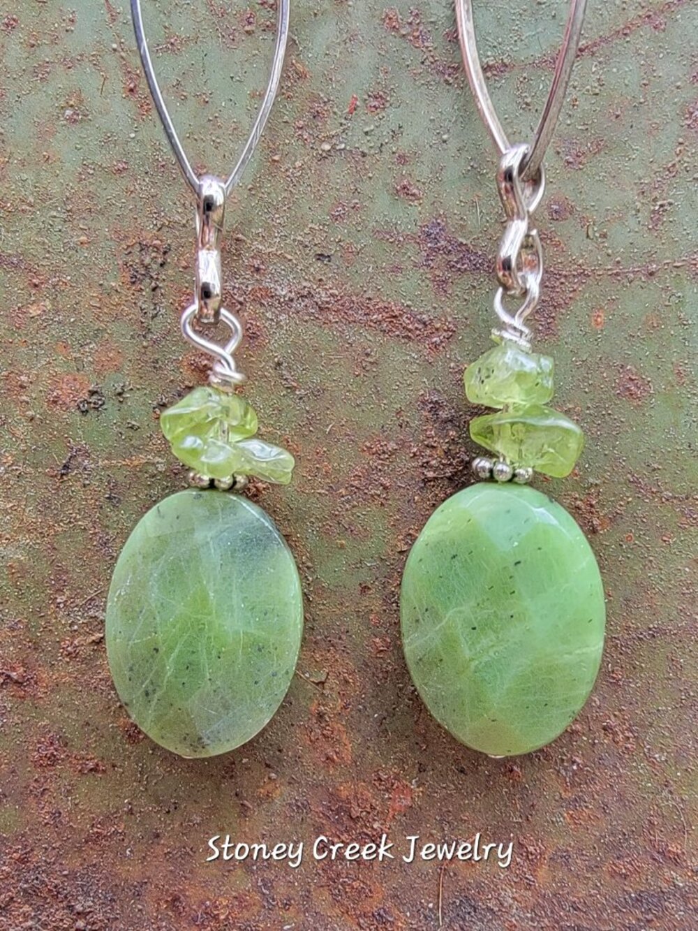 Peridot and Serpentine Earrings, Vintage Green Gemstone Dangles
